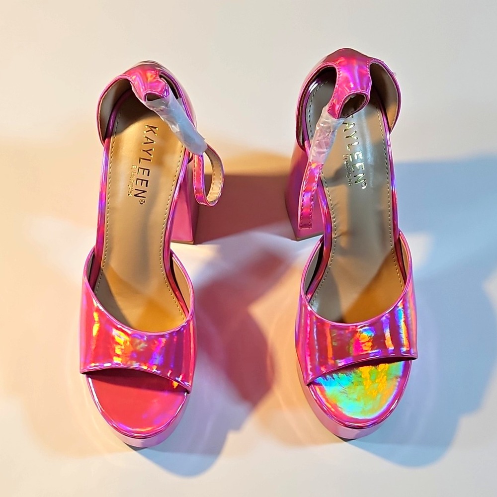 Kayleen By Los Angeles Pink Synthetic Platform Block Heel Ankle Strap Buckle 8